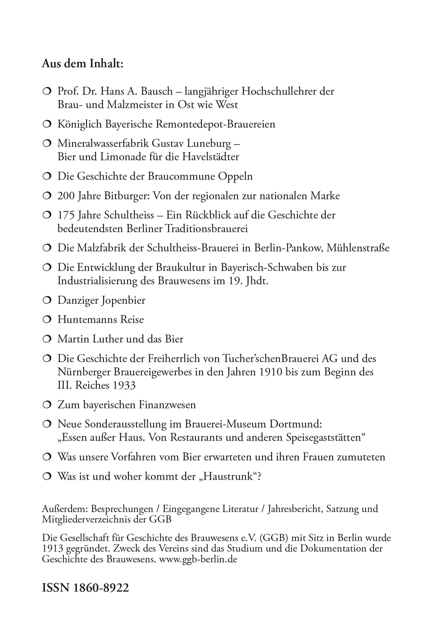 Jahrbuch 2017 der Gesellschaft für Geschichte des Brauwesens e.V. (GGB)