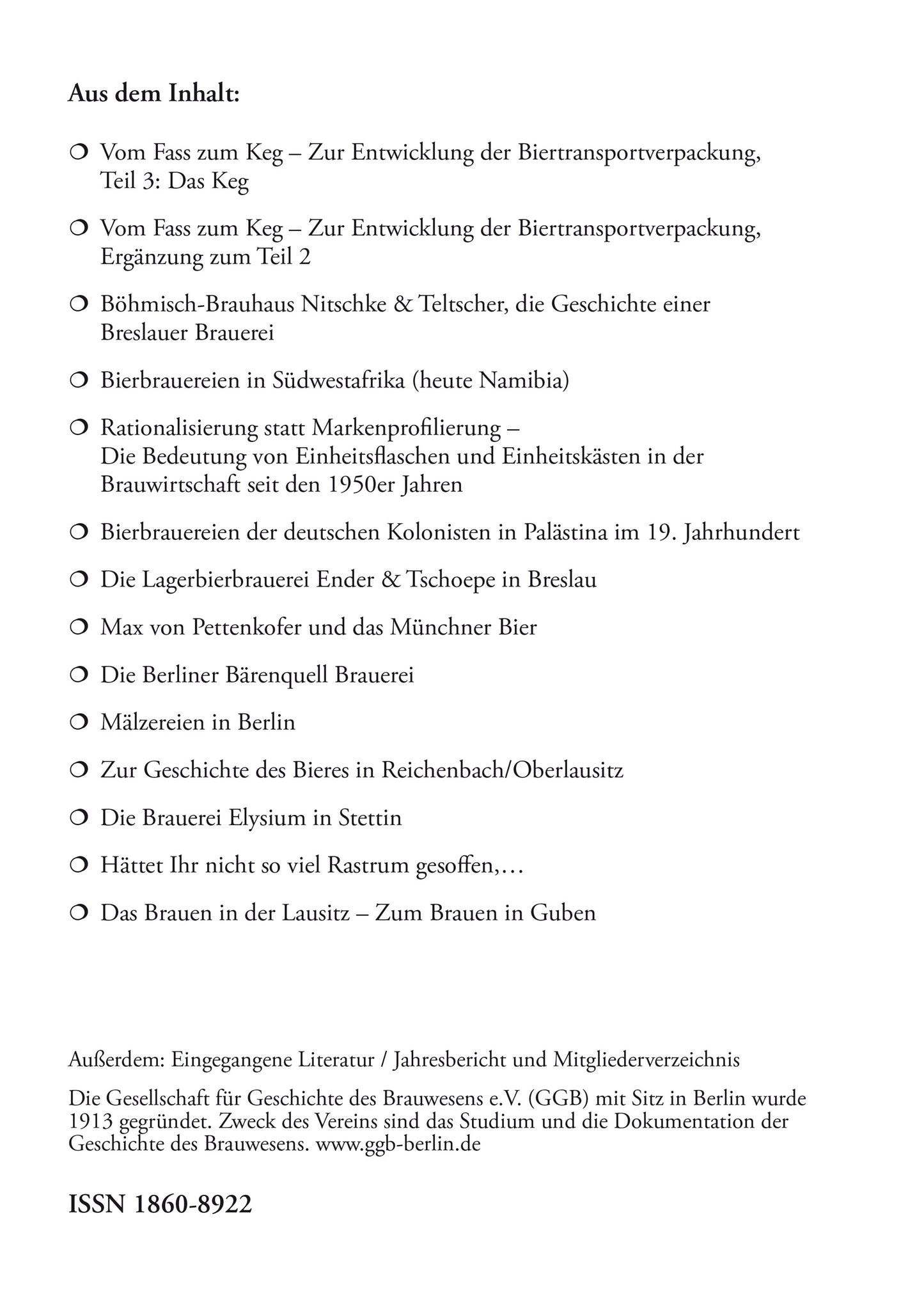 Jahrbuch 2021 der Gesellschaft für Geschichte des Brauwesens e.V. (GGB)